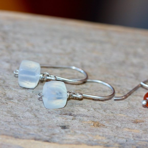 Tiny Silver Earring - Small Square Gem Earrings - White Chalcedony Earrings - - Picture 3 of 9